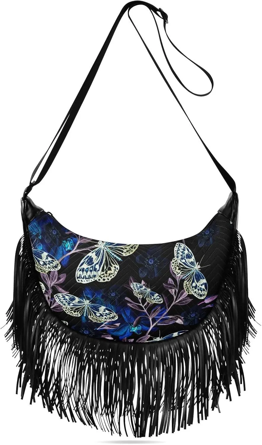 Orchids-plants-butterflies Women Tassel Fringe Shoulder bag, Fringe Purse Crossbody, Women Tassel Hobo Bag with Zipper