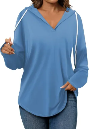 Oversized V Neck Hoodie for Women Long Sleeve Shirts Loose Fit Tunic Tops Tshirts Soft Cmofy Blouse Solid Tees