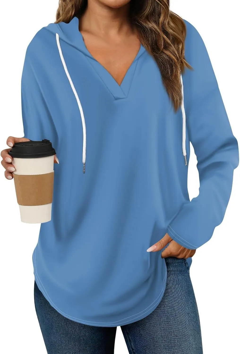 Oversized V Neck Hoodie for Women Long Sleeve Shirts Loose Fit Tunic Tops Tshirts Soft Cmofy Blouse Solid Tees
