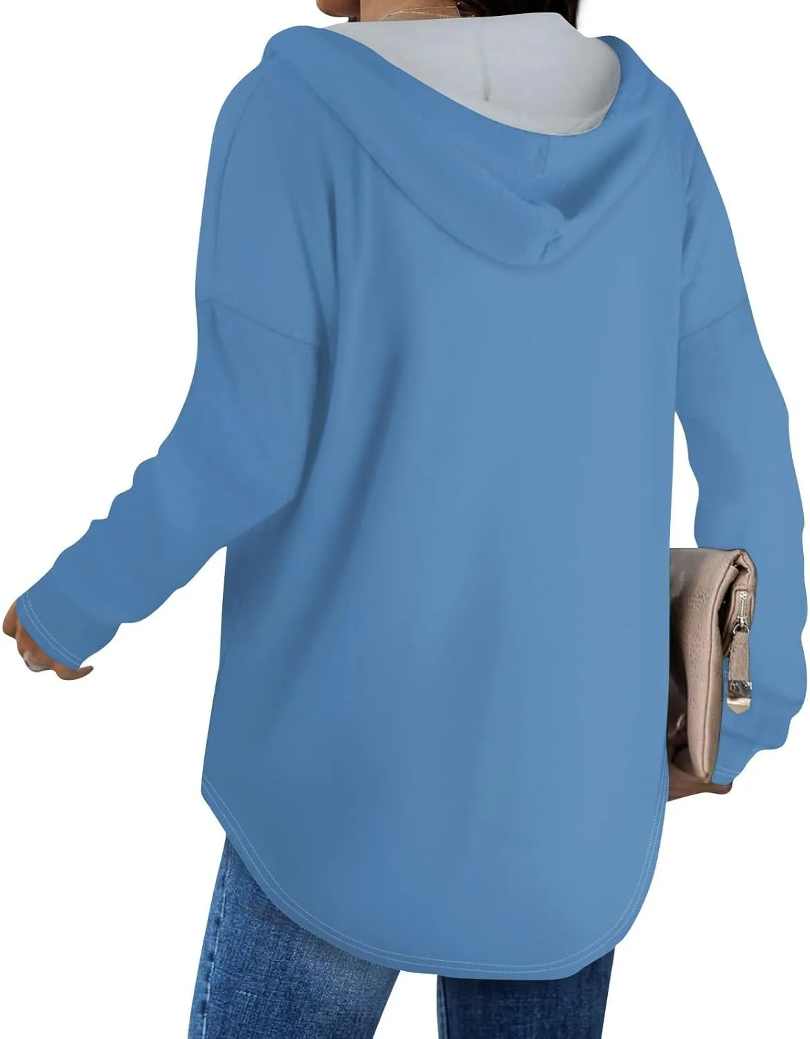 Oversized V Neck Hoodie for Women Long Sleeve Shirts Loose Fit Tunic Tops Tshirts Soft Cmofy Blouse Solid Tees