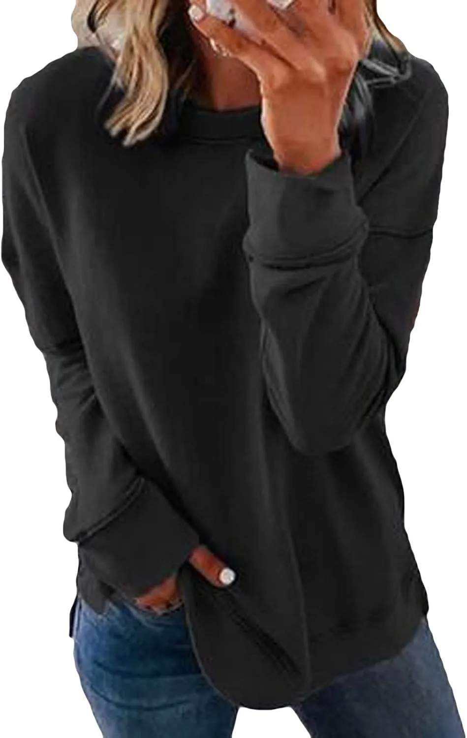 Overstock Items Clearance All,Top Women Loose Woman's Casual Fashion Long Sleeve Solid Color Round Collar Hoodie Lightweight Oversized (#1-Black, L)