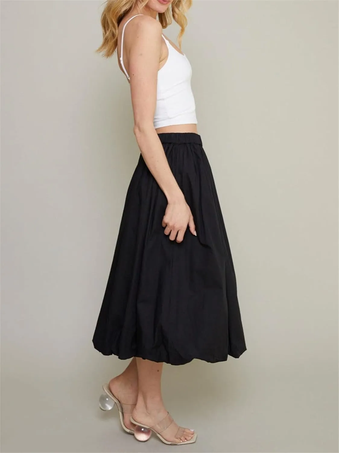 Raruxxin Women Y2k Bubble Maxi Skirt Elastic Low Waist Pleated Balloon Long Skirt Summer Ruffle Puffy Flowy Swing Midi Dress