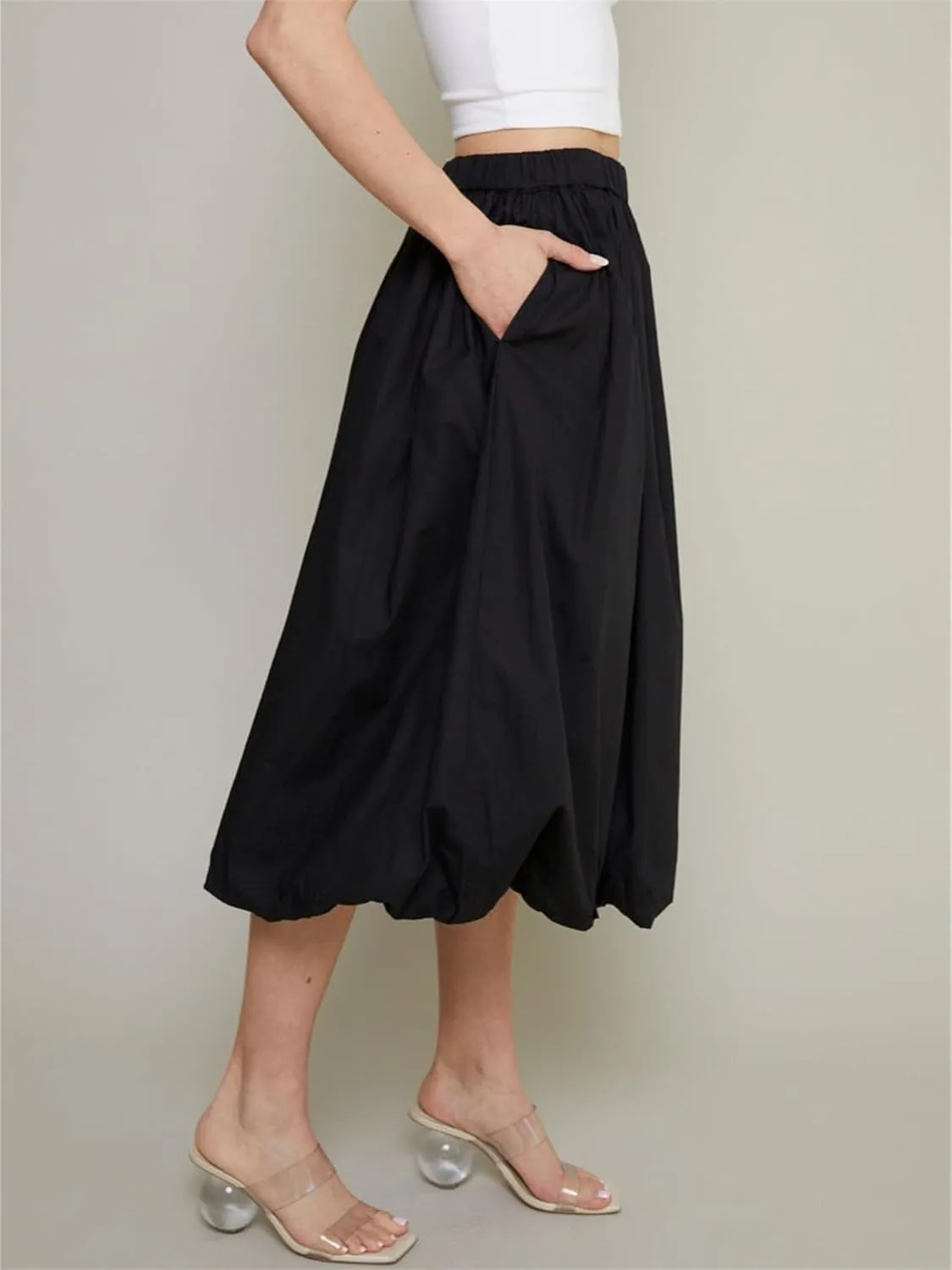 Raruxxin Women Y2k Bubble Maxi Skirt Elastic Low Waist Pleated Balloon Long Skirt Summer Ruffle Puffy Flowy Swing Midi Dress
