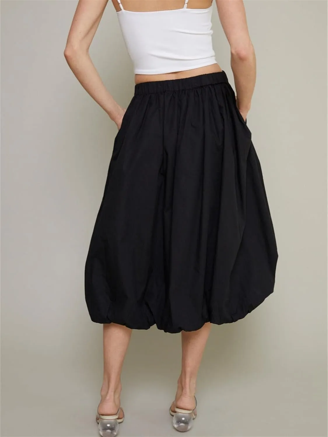 Raruxxin Women Y2k Bubble Maxi Skirt Elastic Low Waist Pleated Balloon Long Skirt Summer Ruffle Puffy Flowy Swing Midi Dress