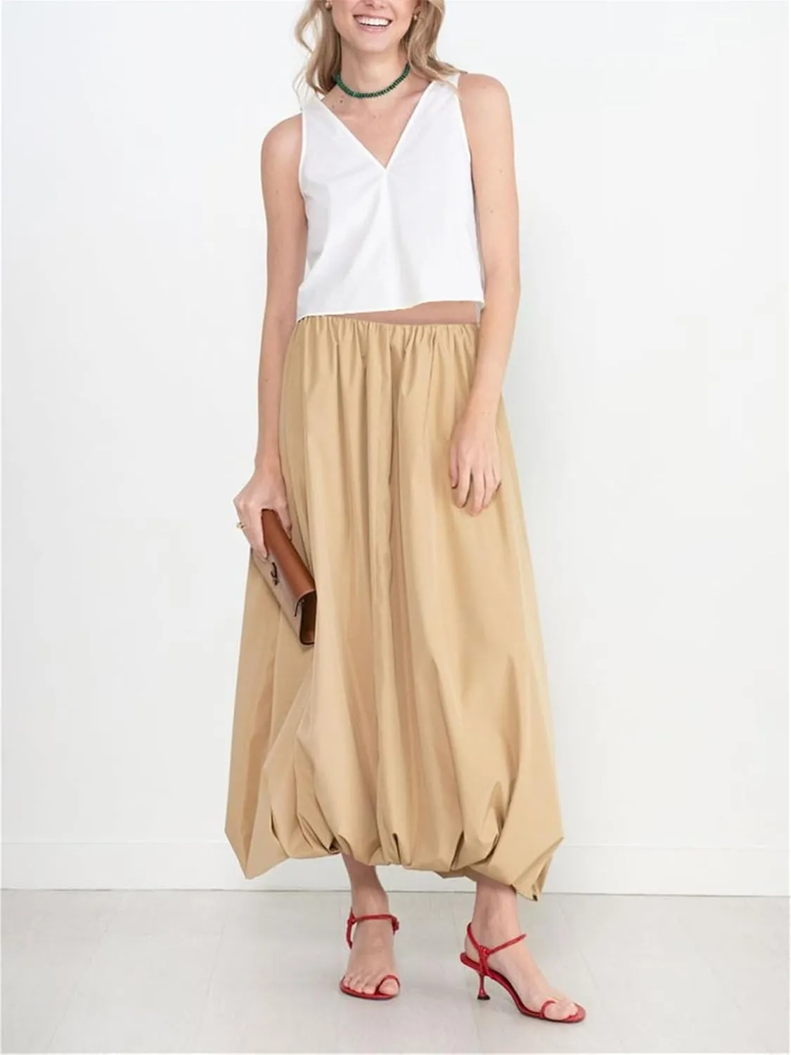 Raruxxin Women Y2k Bubble Maxi Skirt Elastic Low Waist Pleated Balloon Long Skirt Summer Ruffle Puffy Flowy Swing Midi Dress