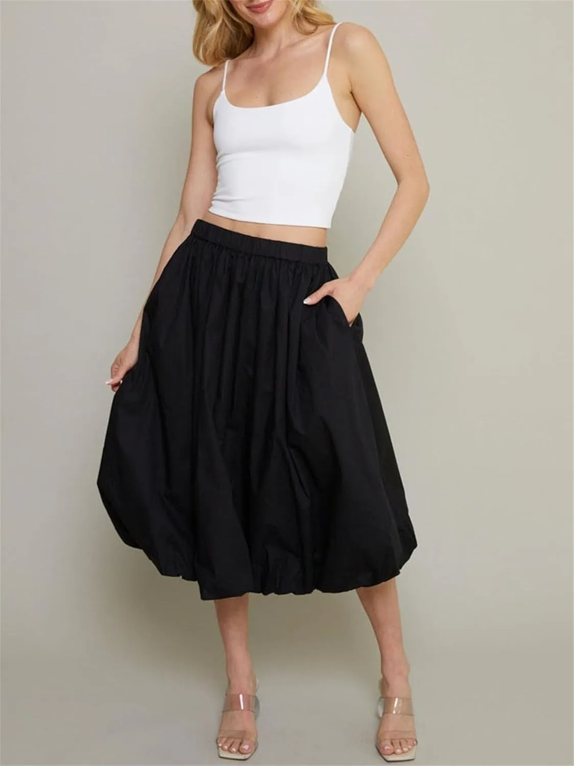 Raruxxin Women Y2k Bubble Maxi Skirt Elastic Low Waist Pleated Balloon Long Skirt Summer Ruffle Puffy Flowy Swing Midi Dress