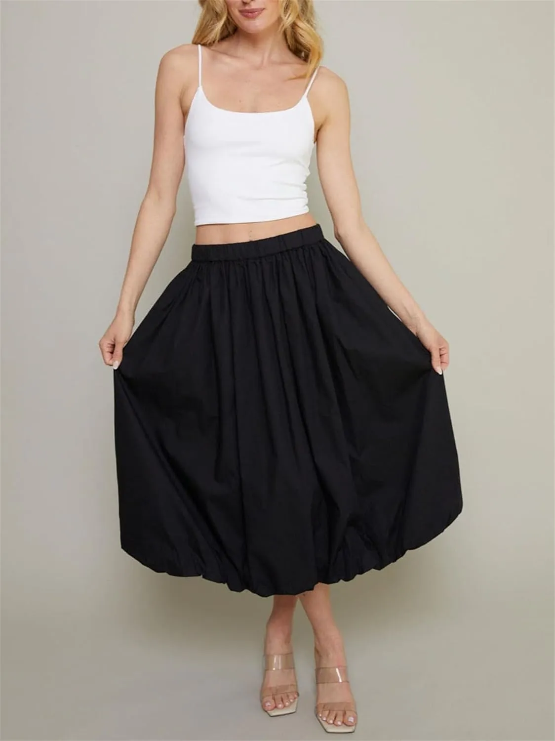 Raruxxin Women Y2k Bubble Maxi Skirt Elastic Low Waist Pleated Balloon Long Skirt Summer Ruffle Puffy Flowy Swing Midi Dress