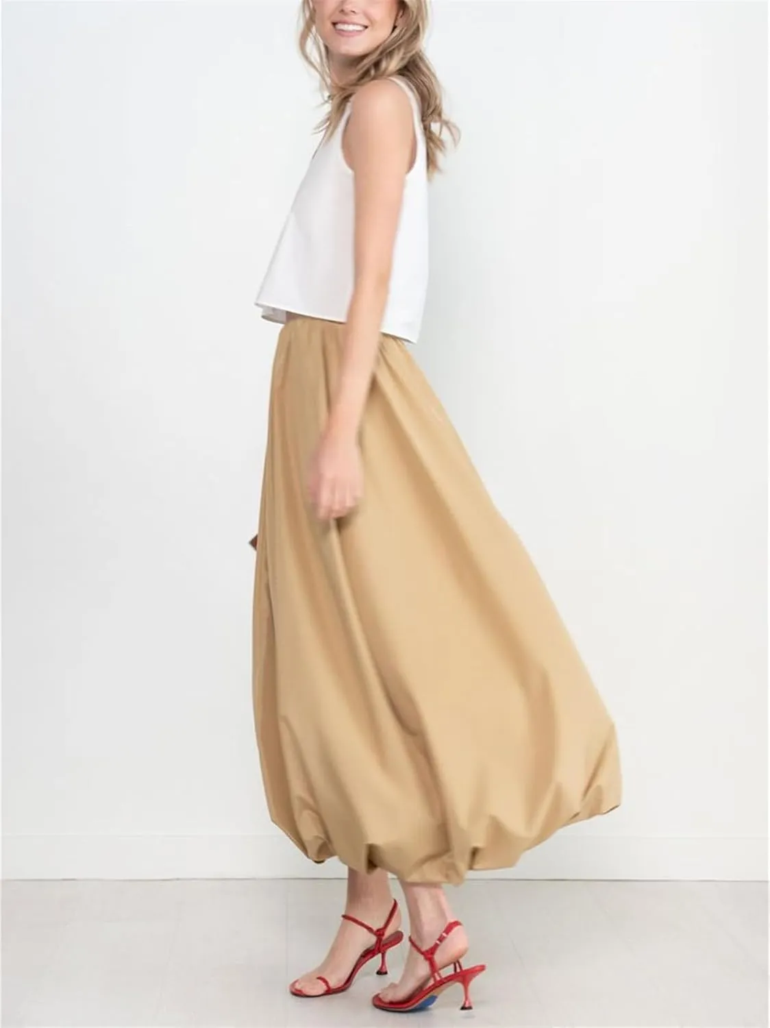 Raruxxin Women Y2k Bubble Maxi Skirt Elastic Low Waist Pleated Balloon Long Skirt Summer Ruffle Puffy Flowy Swing Midi Dress