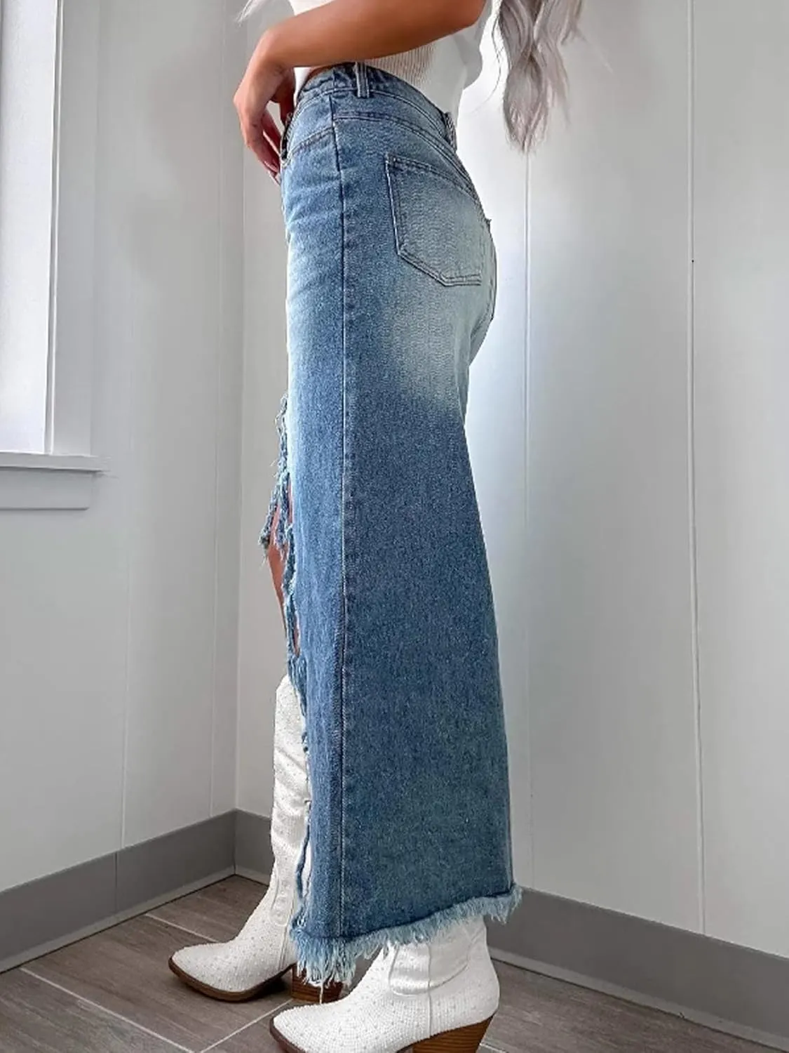 Ripped Long Denim Skirt for Women Stretchy Bodycon High Waisted Denim Skirts Trendy Slit Raw Hem Jean Pencil Skirt