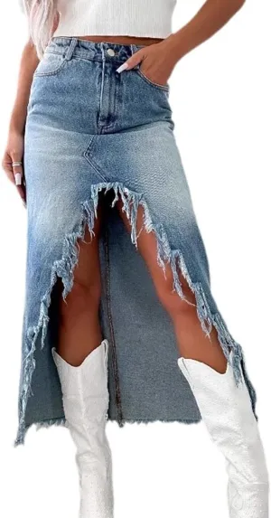 Ripped Long Denim Skirt for Women Stretchy Bodycon High Waisted Denim Skirts Trendy Slit Raw Hem Jean Pencil Skirt