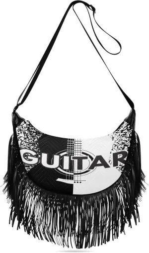 Rock-music-print Women Tassel Fringe Shoulder bag, Fringe Purse Crossbody, Women Tassel Hobo Bag with Zipper