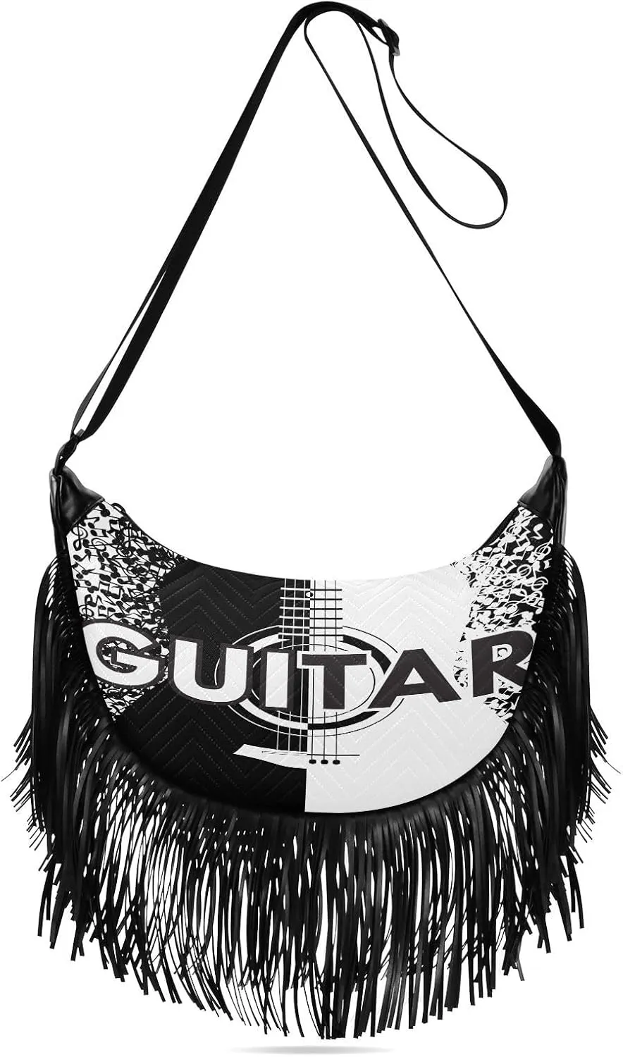 Rock-music-print Women Tassel Fringe Shoulder bag, Fringe Purse Crossbody, Women Tassel Hobo Bag with Zipper