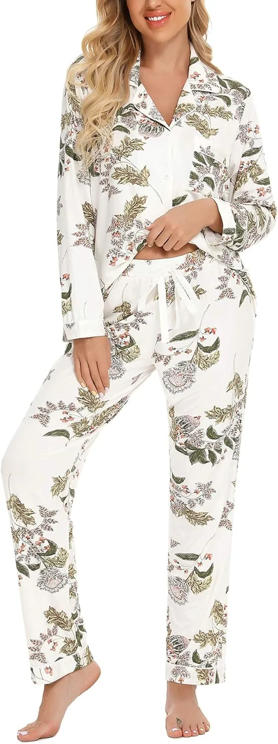 Senert Pajamas Set For Women Long Sleeve Sleepwear Soft Button Down Shirt with Long Pants Pj Lounge Sets S-XXL