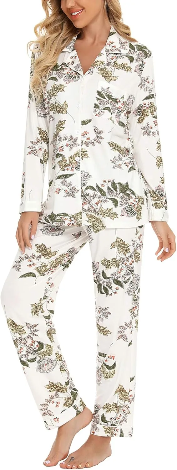 Senert Pajamas Set For Women Long Sleeve Sleepwear Soft Button Down Shirt with Long Pants Pj Lounge Sets S-XXL