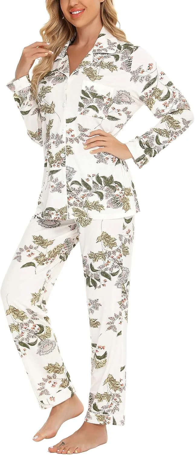 Senert Pajamas Set For Women Long Sleeve Sleepwear Soft Button Down Shirt with Long Pants Pj Lounge Sets S-XXL