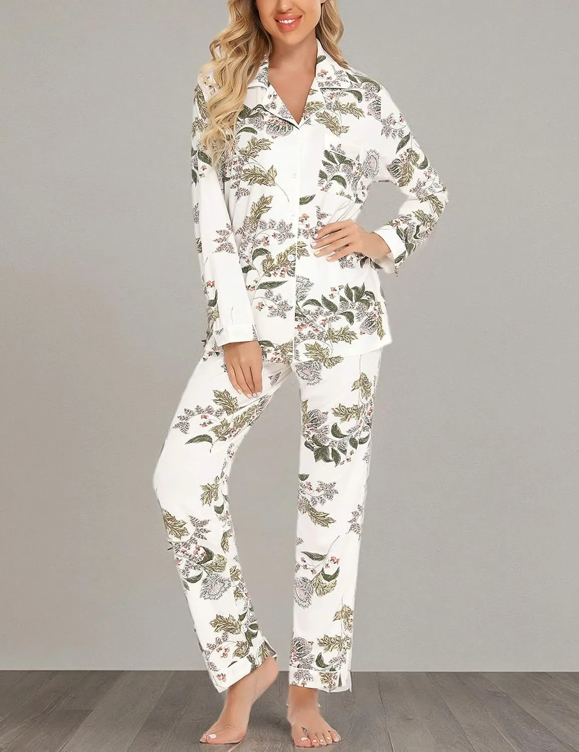 Senert Pajamas Set For Women Long Sleeve Sleepwear Soft Button Down Shirt with Long Pants Pj Lounge Sets S-XXL
