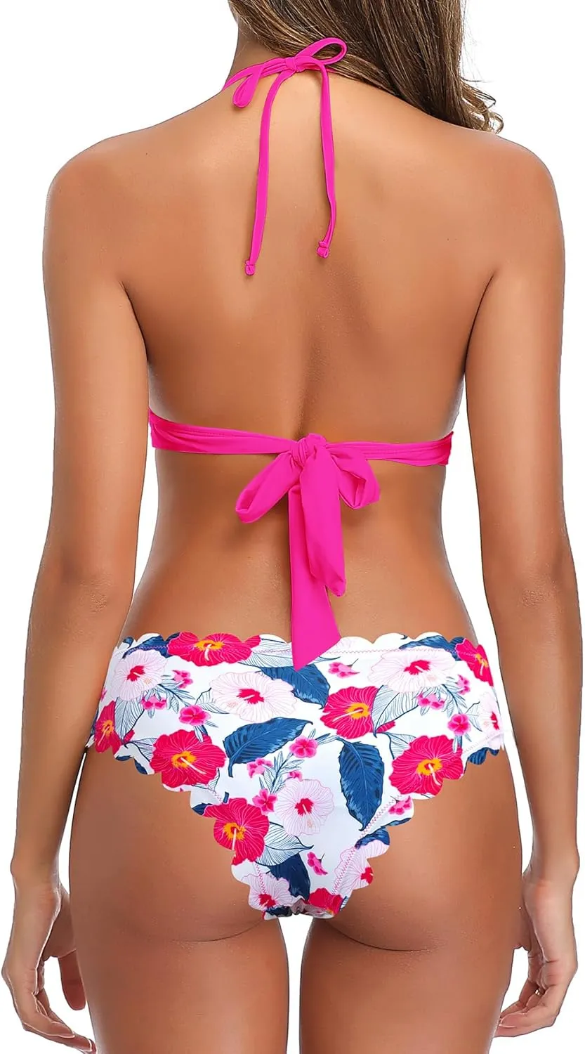 SHEKINI Women's Scalloped Bathing Suit Triangle Bikini Halter Sexy Floral Two Piece Swimsuits