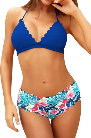 SHEKINI Women's Scalloped Bathing Suit Triangle Bikini Halter Sexy Floral Two Piece Swimsuits