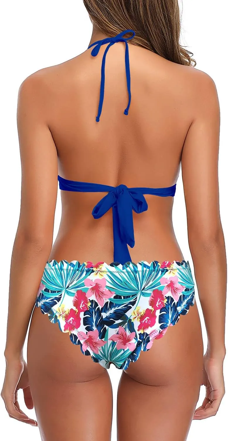 SHEKINI Women's Scalloped Bathing Suit Triangle Bikini Halter Sexy Floral Two Piece Swimsuits