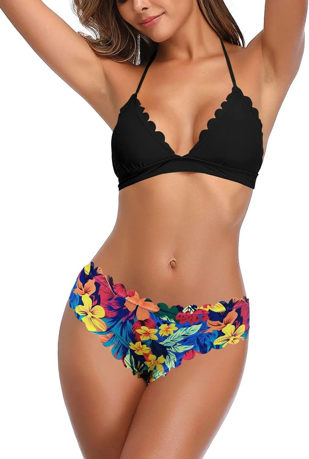 SHEKINI Women's Scalloped Bathing Suit Triangle Bikini Halter Sexy Floral Two Piece Swimsuits