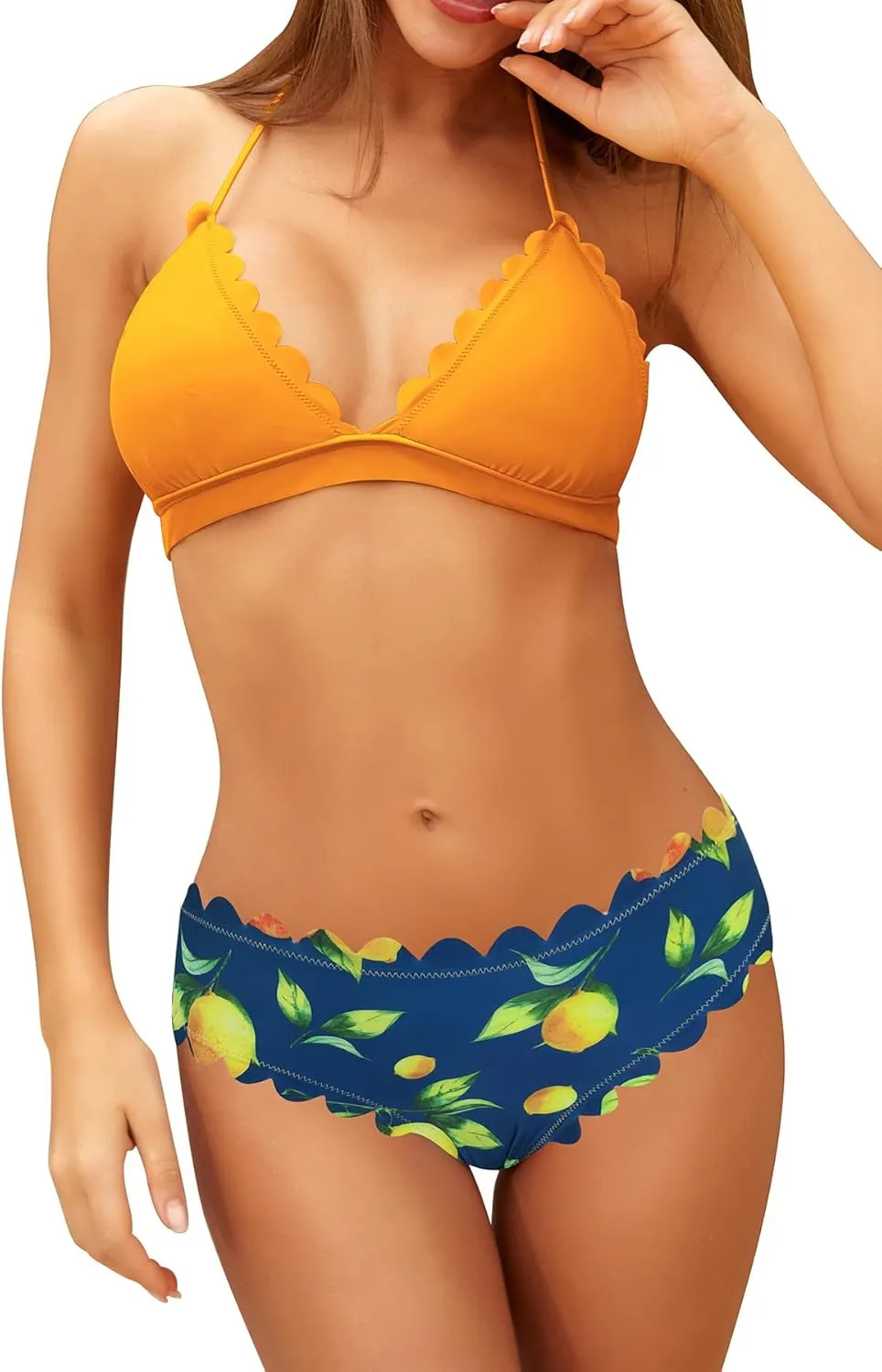 SHEKINI Women's Scalloped Bathing Suit Triangle Bikini Halter Sexy Floral Two Piece Swimsuits