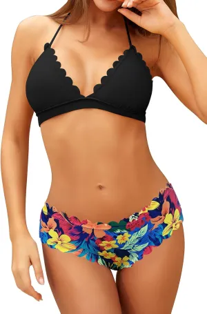 SHEKINI Women's Scalloped Bathing Suit Triangle Bikini Halter Sexy Floral Two Piece Swimsuits