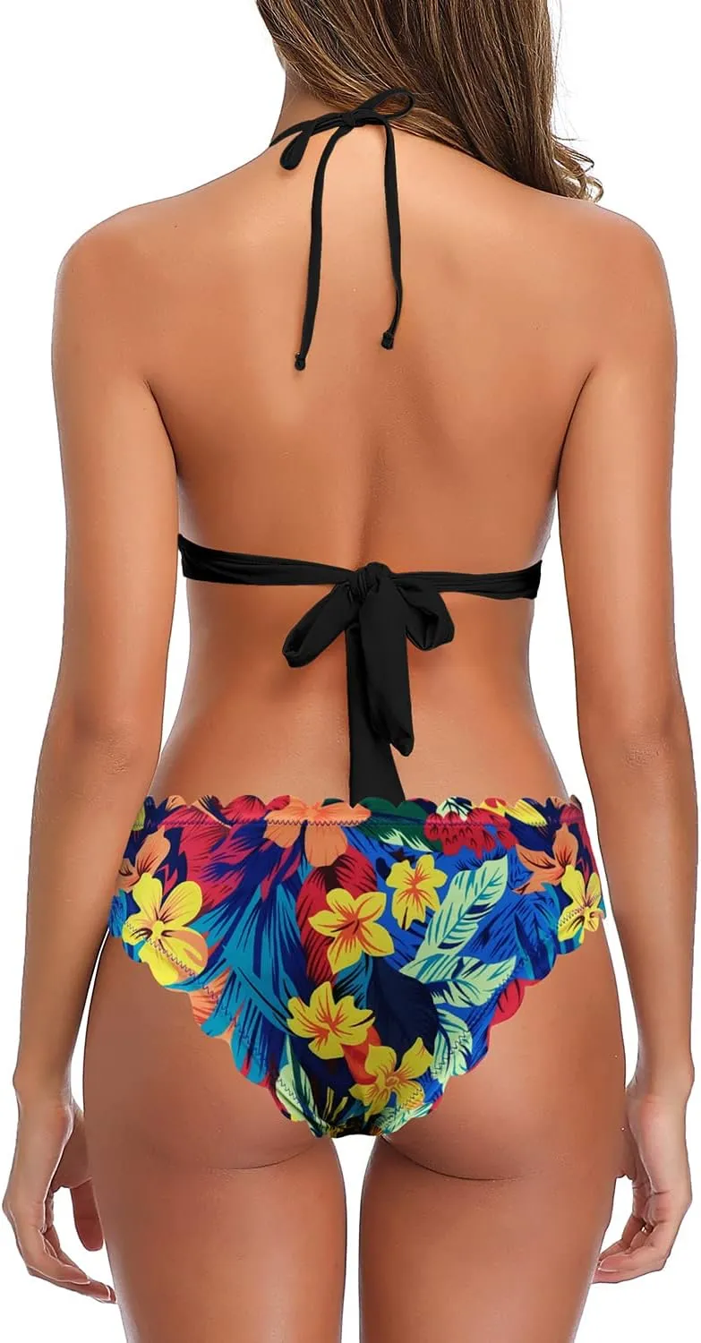 SHEKINI Women's Scalloped Bathing Suit Triangle Bikini Halter Sexy Floral Two Piece Swimsuits