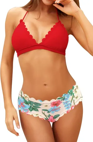 SHEKINI Women's Scalloped Bathing Suit Triangle Bikini Halter Sexy Floral Two Piece Swimsuits