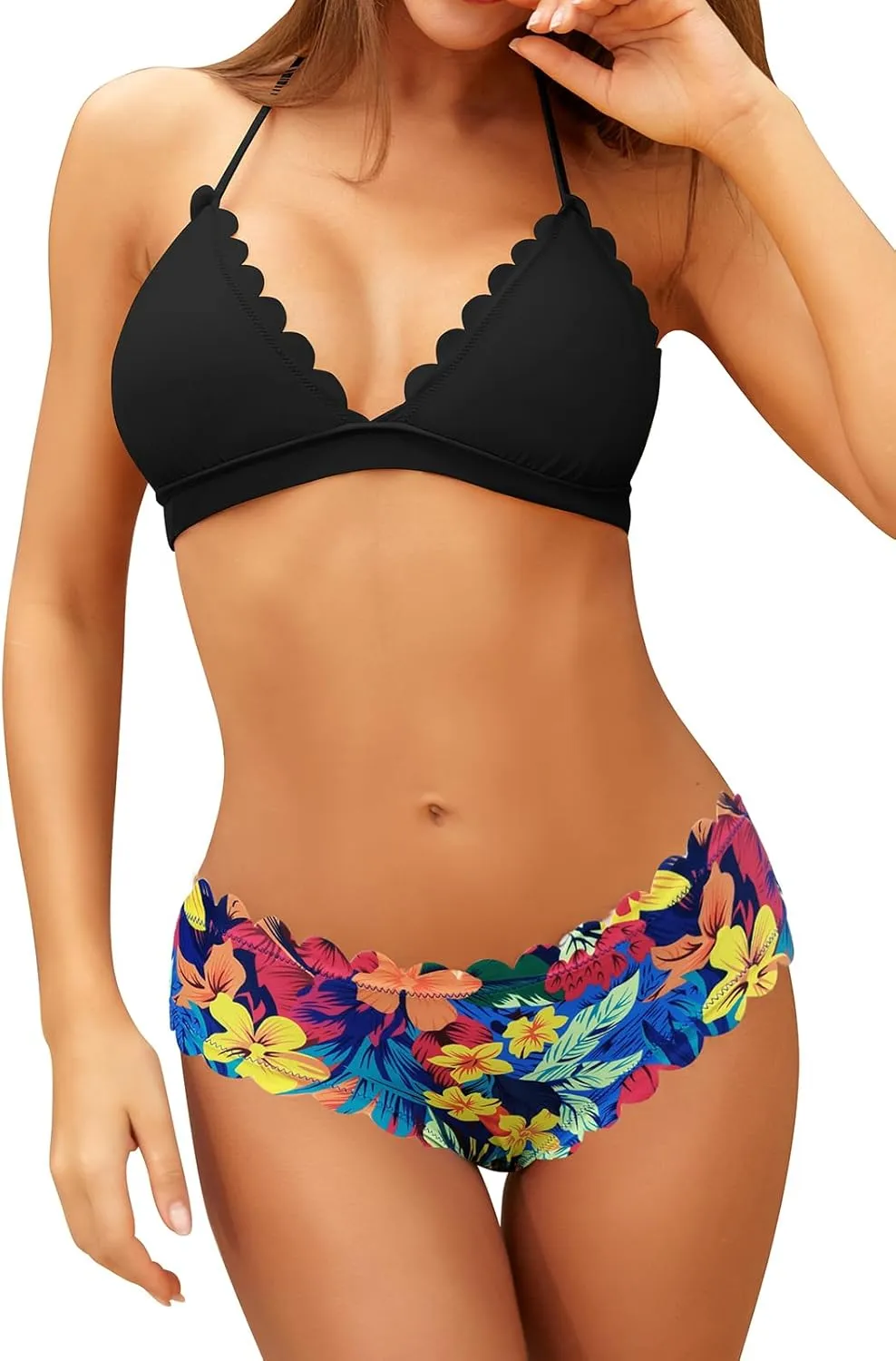 SHEKINI Women's Scalloped Bathing Suit Triangle Bikini Halter Sexy Floral Two Piece Swimsuits