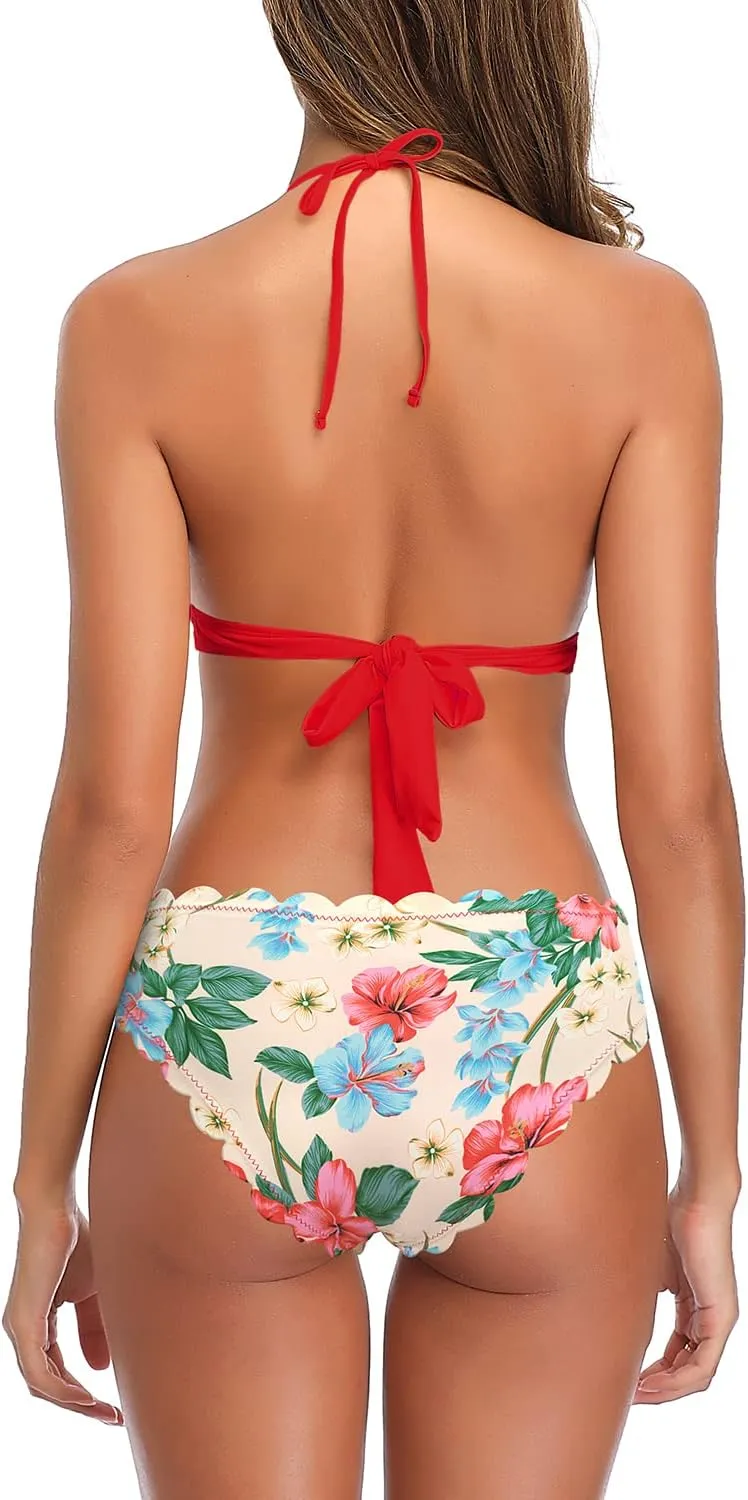 SHEKINI Women's Scalloped Bathing Suit Triangle Bikini Halter Sexy Floral Two Piece Swimsuits