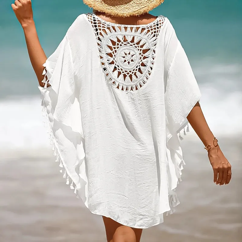 SHP Beige Crochet Hollow Tassel Cover Up Beach Dress