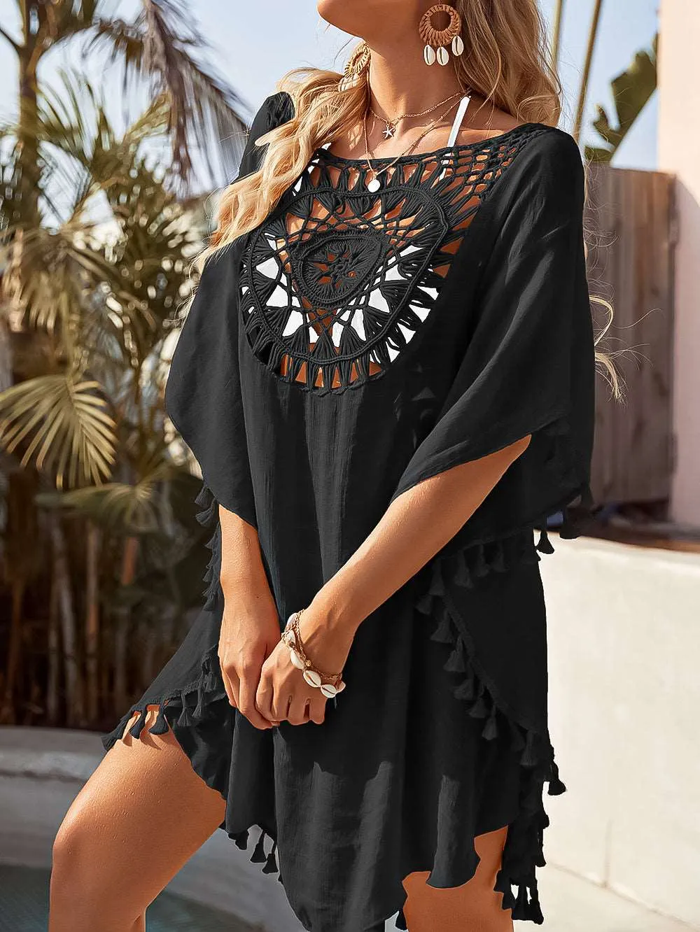 SHP Beige Crochet Hollow Tassel Cover Up Beach Dress