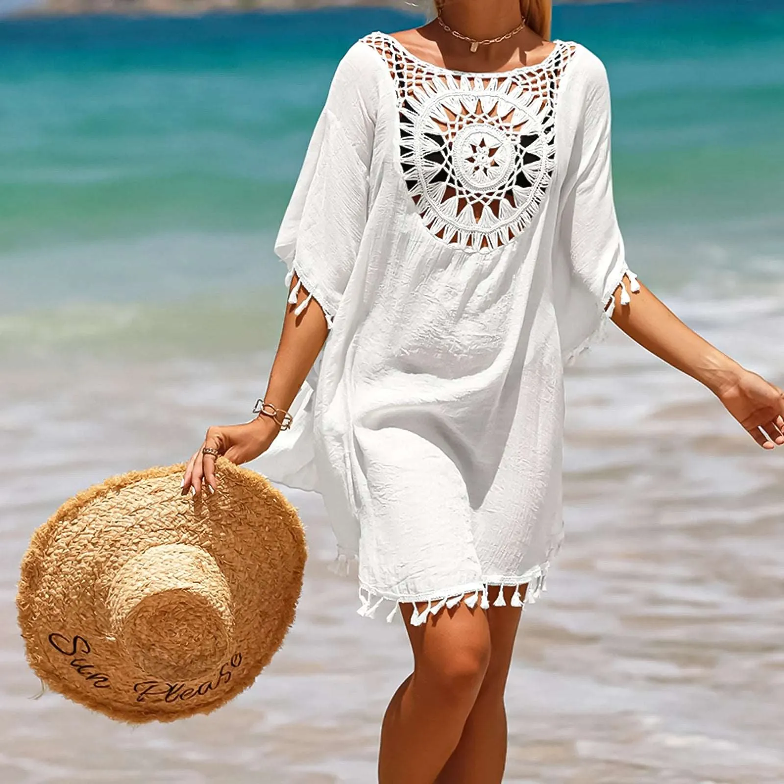 SHP Beige Crochet Hollow Tassel Cover Up Beach Dress