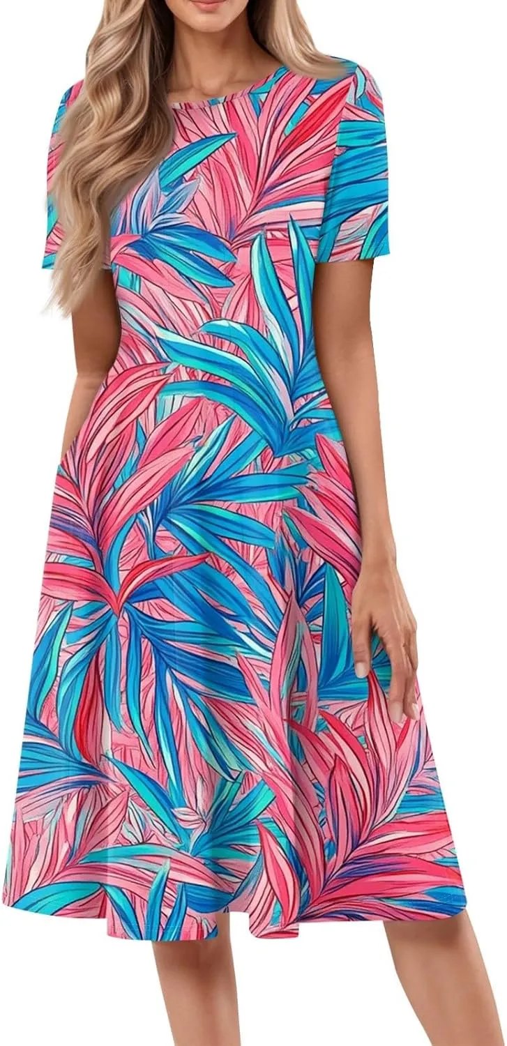 Spring Dresses for Women Floral Beach Round Neck Dresses Short Sleeve T Shirt Sundresses with Pockets 2025 Hawaiian Vacation