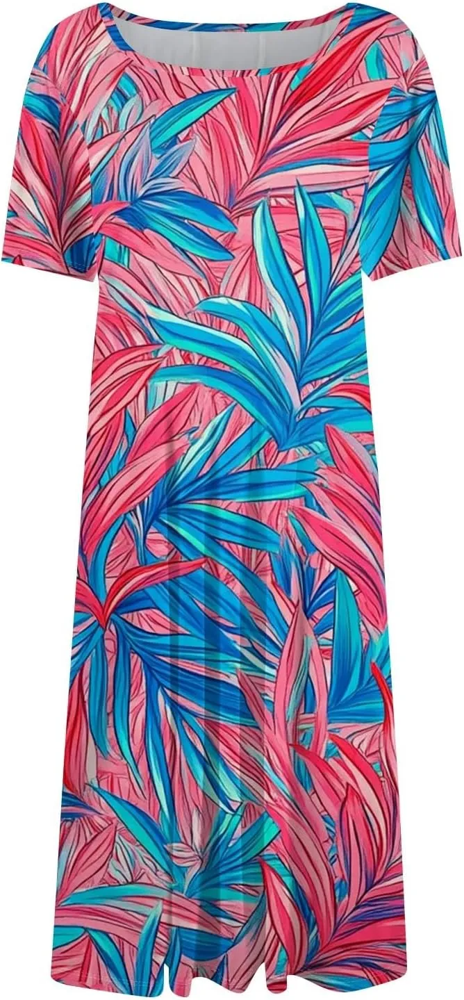 Spring Dresses for Women Floral Beach Round Neck Dresses Short Sleeve T Shirt Sundresses with Pockets 2025 Hawaiian Vacation