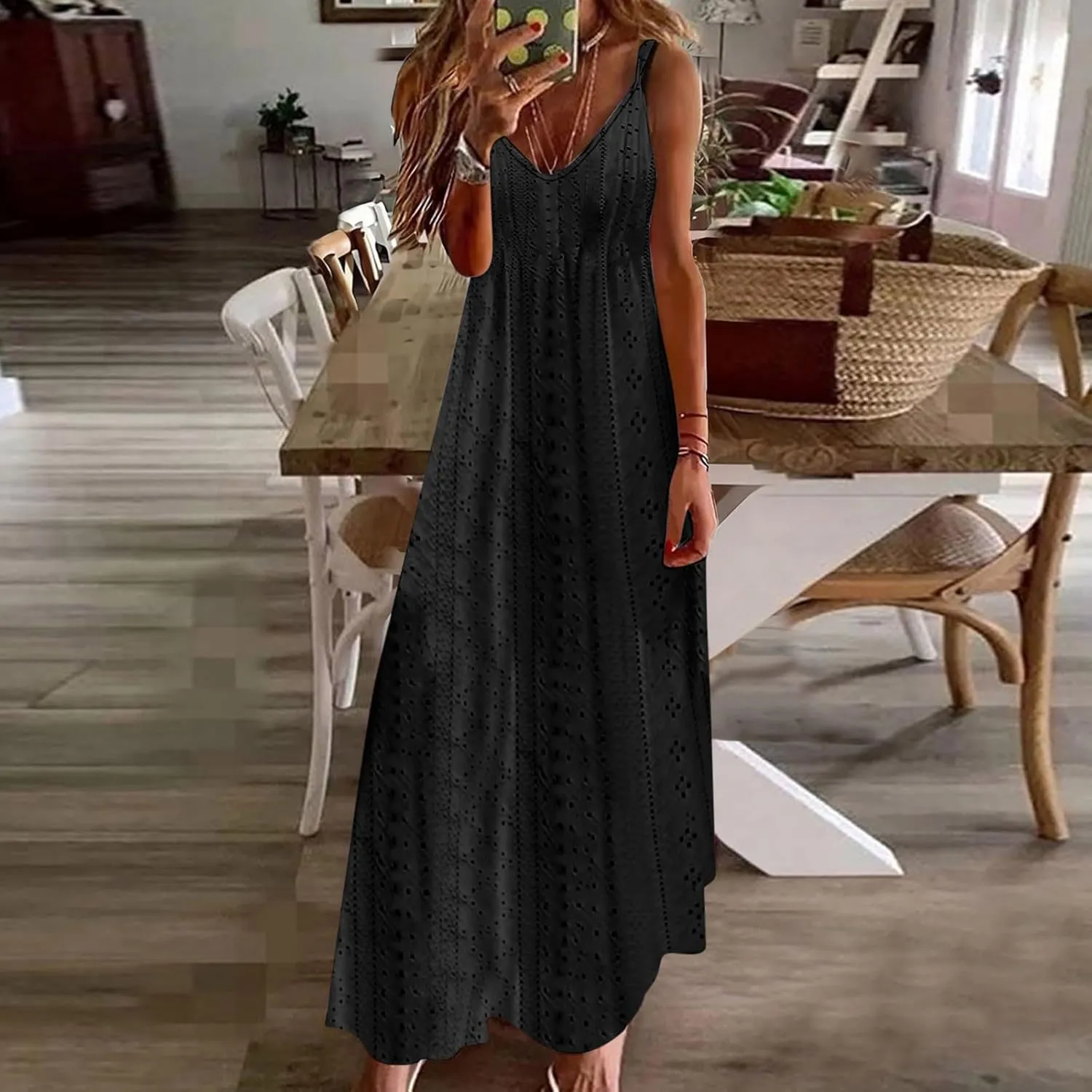 Spring Maxi Dresses for Women 2025 Summer Casual Petal Sleeve Eyelet Dress Fashion Trendy Loose Swing Flowy Long Dress