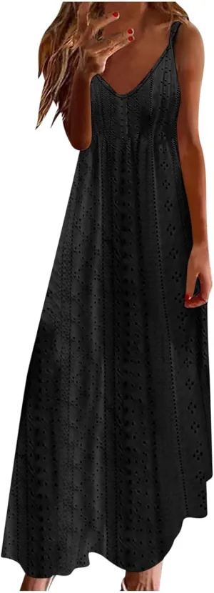 Spring Maxi Dresses for Women 2025 Summer Casual Petal Sleeve Eyelet Dress Fashion Trendy Loose Swing Flowy Long Dress