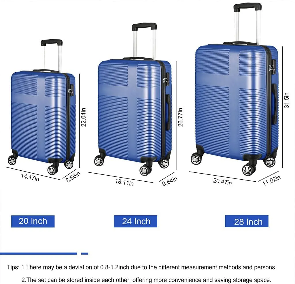 Suitcase, Carry On Hardside Luggage with Retractable Pole and Spinner Wheels Suitcase Set 3 Piece with TSA Lock and Built-in Compression Straps for Travel Back to School Business,C Blue