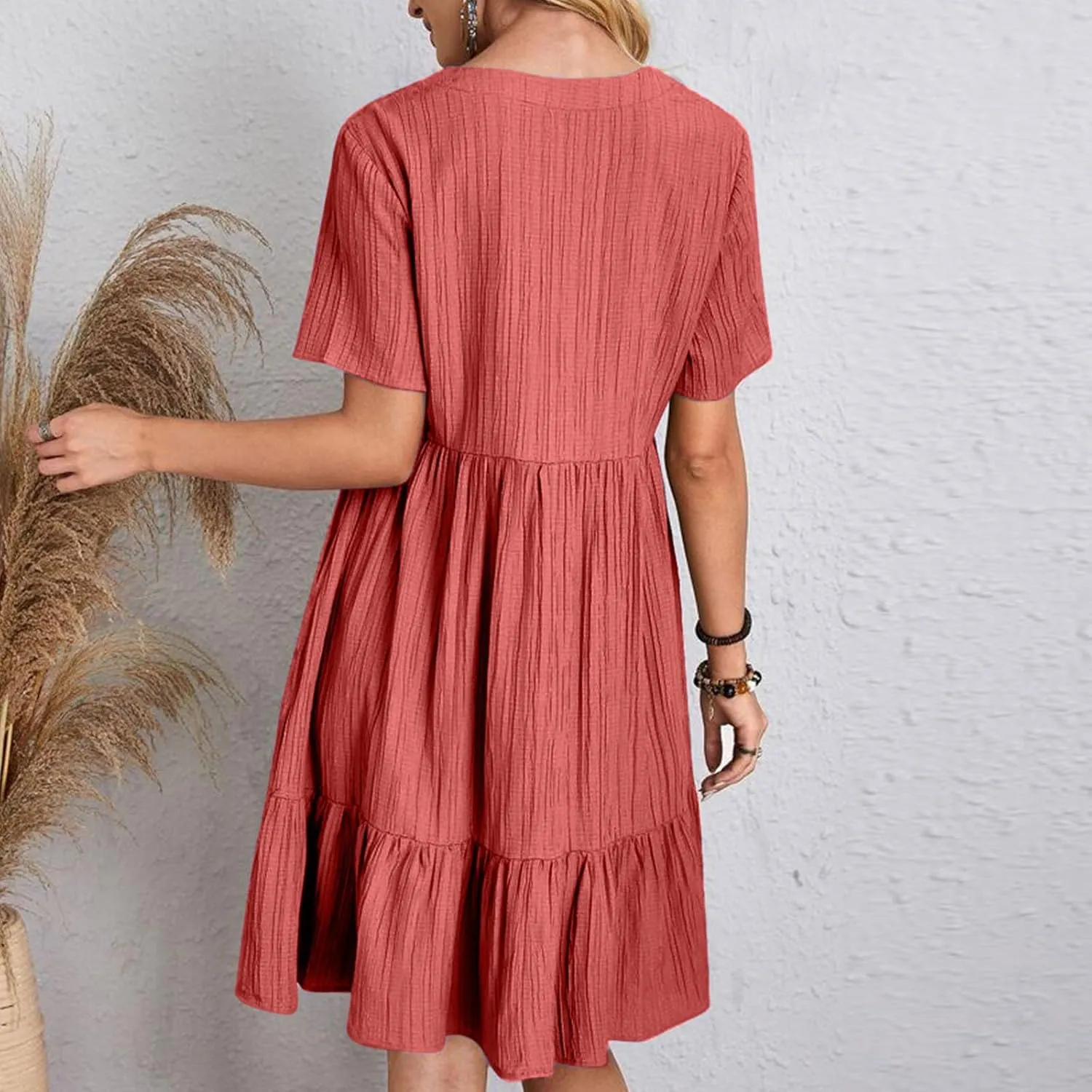 Summer Dress for Women 2025 Casual V Neck Short Sleeve Swing Midi Dresses Ruffle Tiered Flowy Beach A-Line Sundress