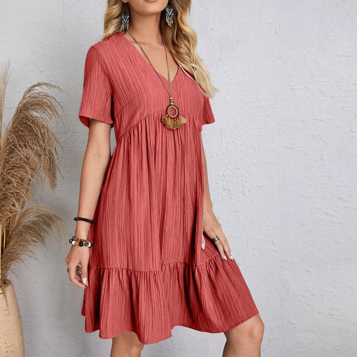Summer Dress for Women 2025 Casual V Neck Short Sleeve Swing Midi Dresses Ruffle Tiered Flowy Beach A-Line Sundress