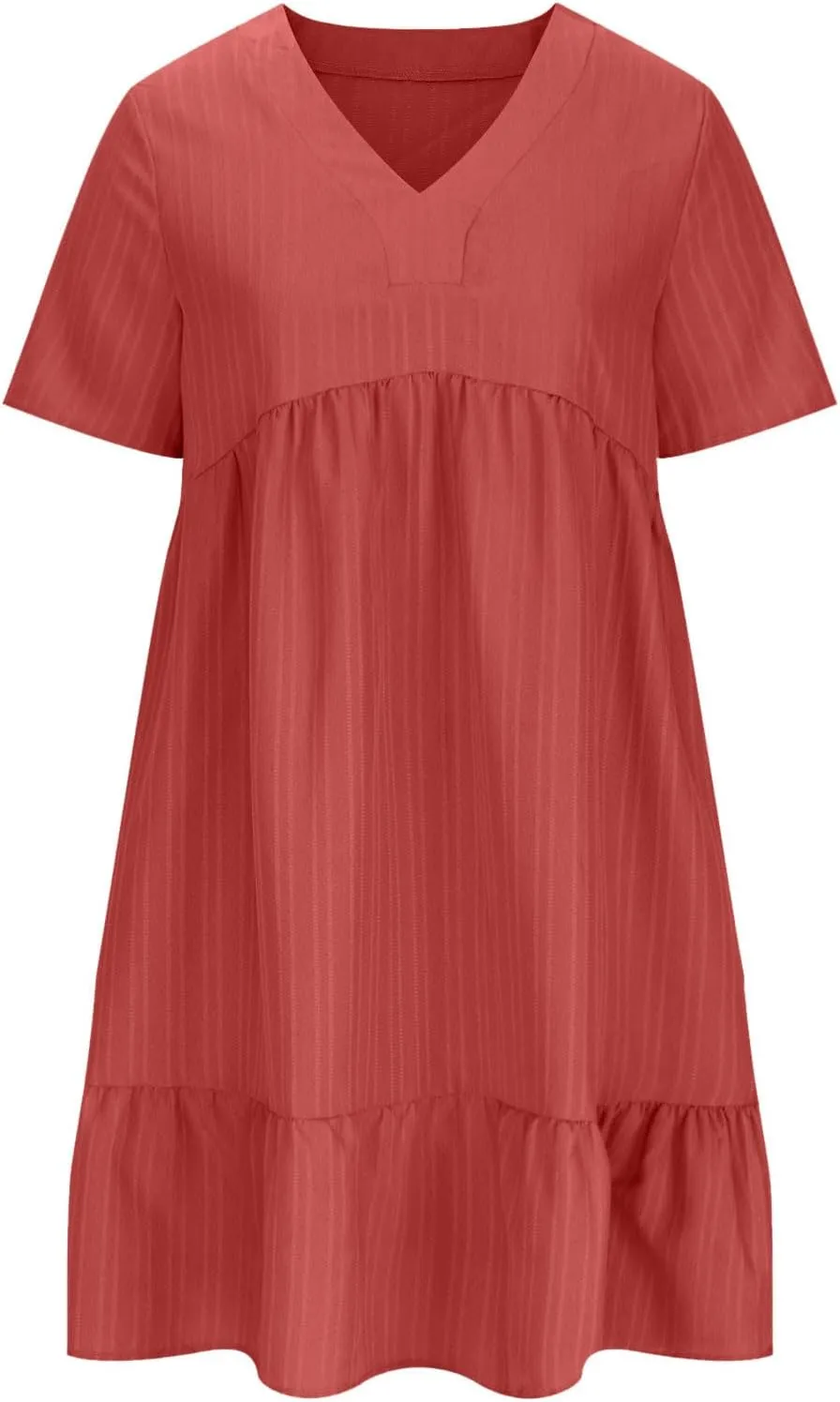 Summer Dress for Women 2025 Casual V Neck Short Sleeve Swing Midi Dresses Ruffle Tiered Flowy Beach A-Line Sundress