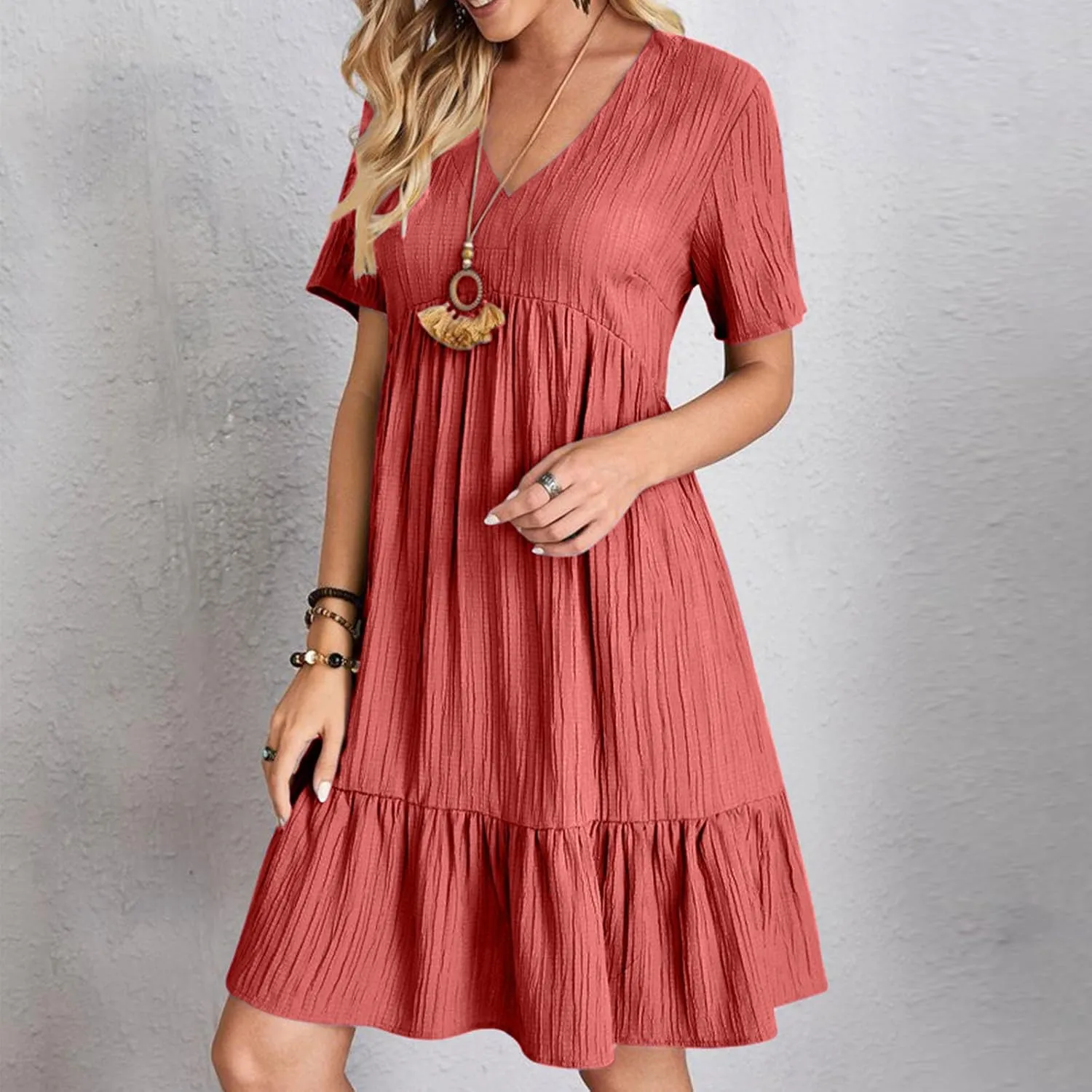 Summer Dress for Women 2025 Casual V Neck Short Sleeve Swing Midi Dresses Ruffle Tiered Flowy Beach A-Line Sundress