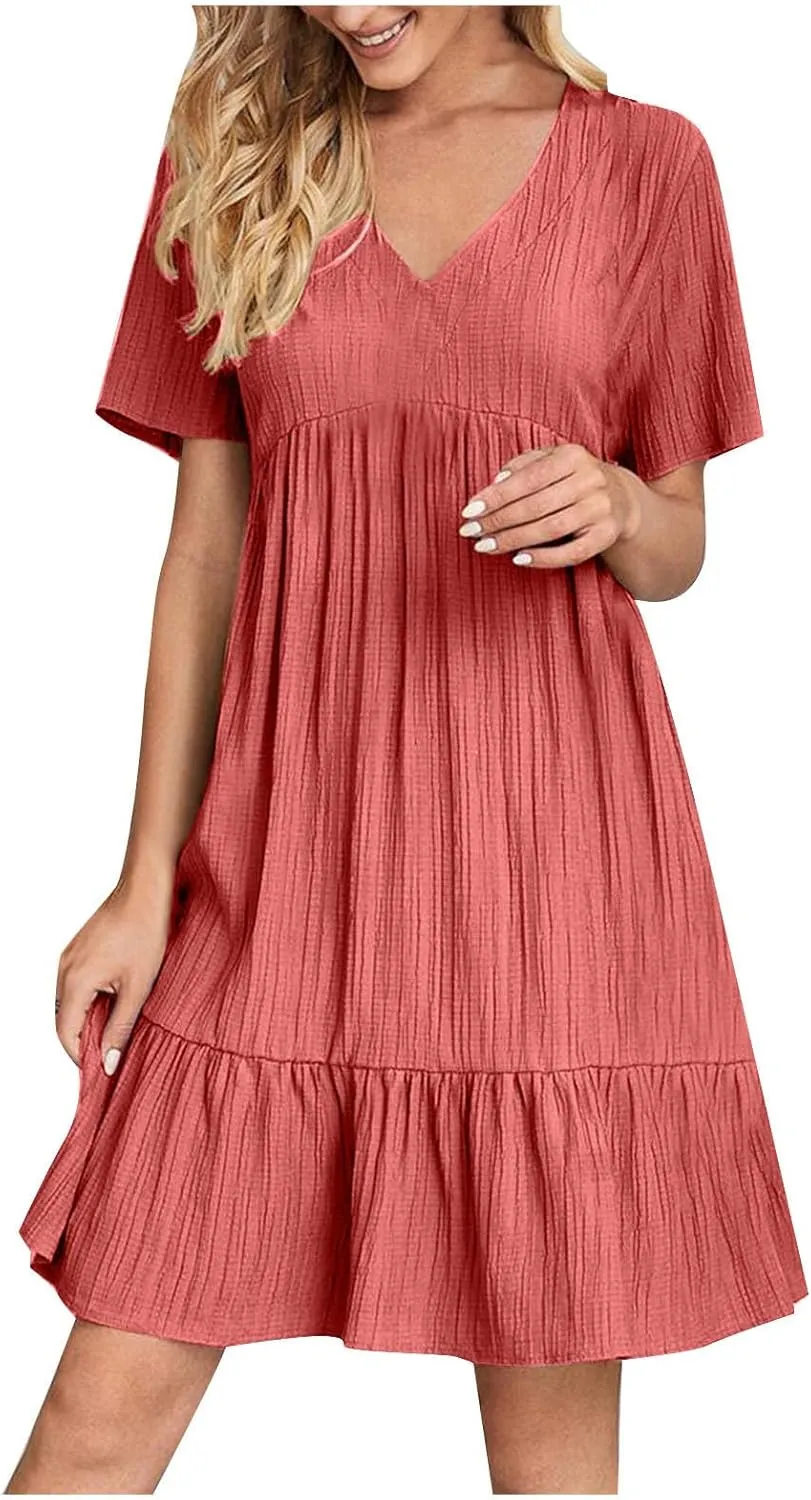 Summer Dress for Women 2025 Casual V Neck Short Sleeve Swing Midi Dresses Ruffle Tiered Flowy Beach A-Line Sundress