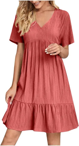 Summer Dress for Women 2025 Casual V Neck Short Sleeve Swing Midi Dresses Ruffle Tiered Flowy Beach A-Line Sundress