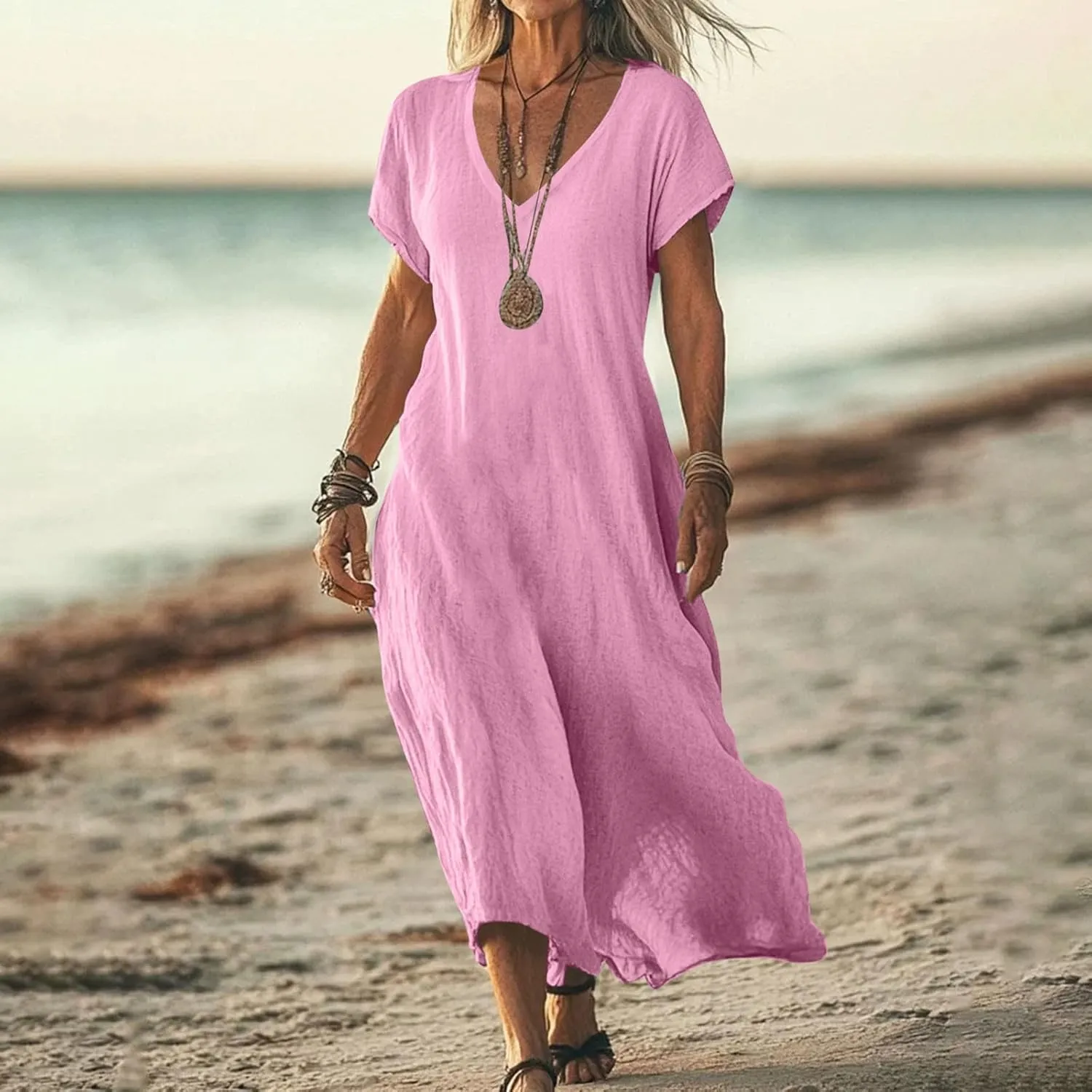 Summer Dresses for Women 2025 Fashion Vacation Short Sleeve Long Cotton Linen Dress Beach Maxi Sundress Clothes