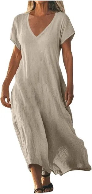Summer Dresses for Women 2025 Fashion Vacation Short Sleeve Long Cotton Linen Dress Beach Maxi Sundress Clothes