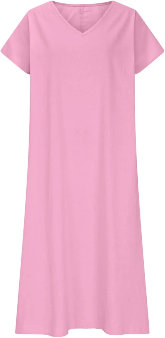 Summer Dresses for Women 2025 Fashion Vacation Short Sleeve Long Cotton Linen Dress Beach Maxi Sundress Clothes