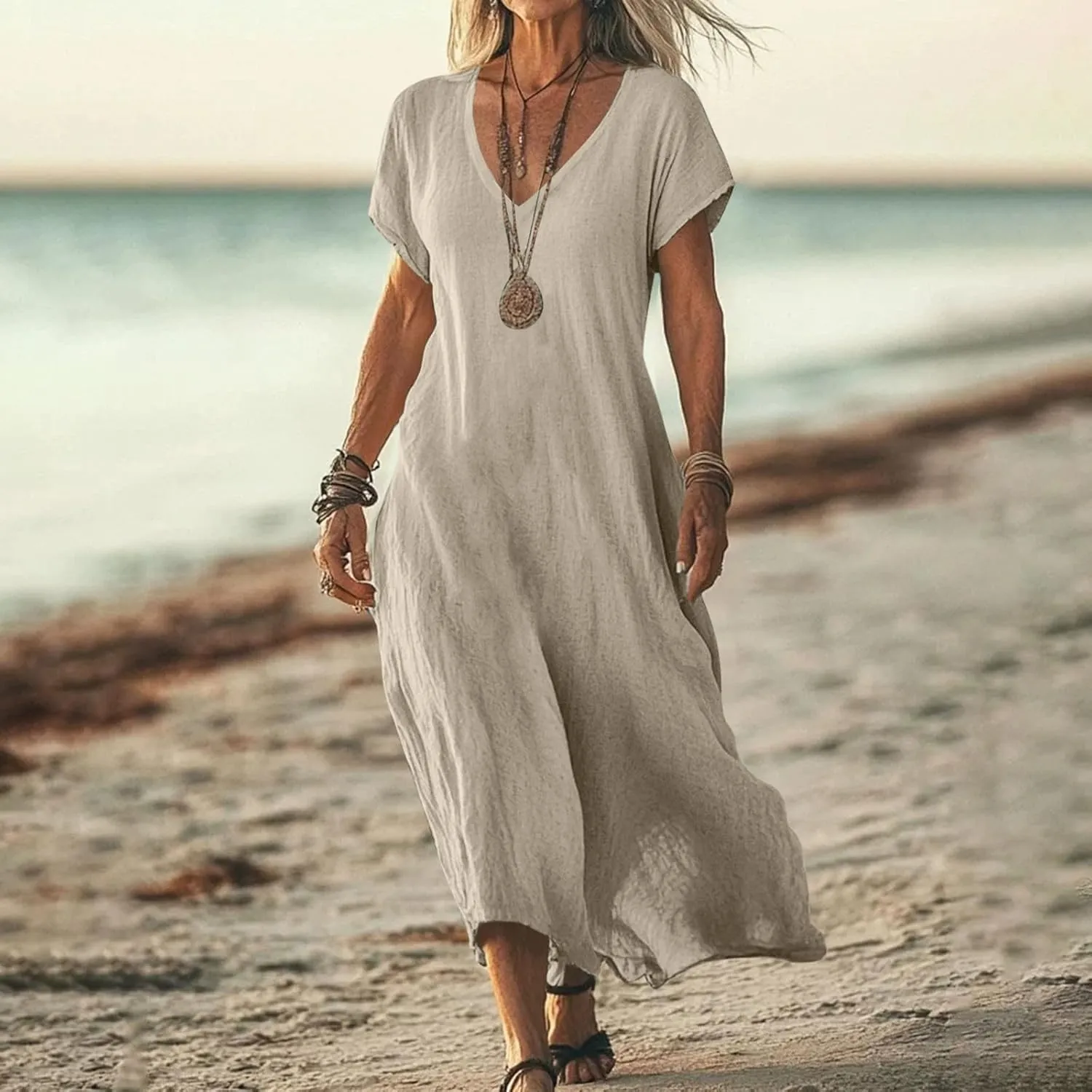 Summer Dresses for Women 2025 Fashion Vacation Short Sleeve Long Cotton Linen Dress Beach Maxi Sundress Clothes