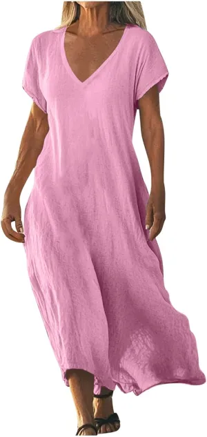 Summer Dresses for Women 2025 Fashion Vacation Short Sleeve Long Cotton Linen Dress Beach Maxi Sundress Clothes