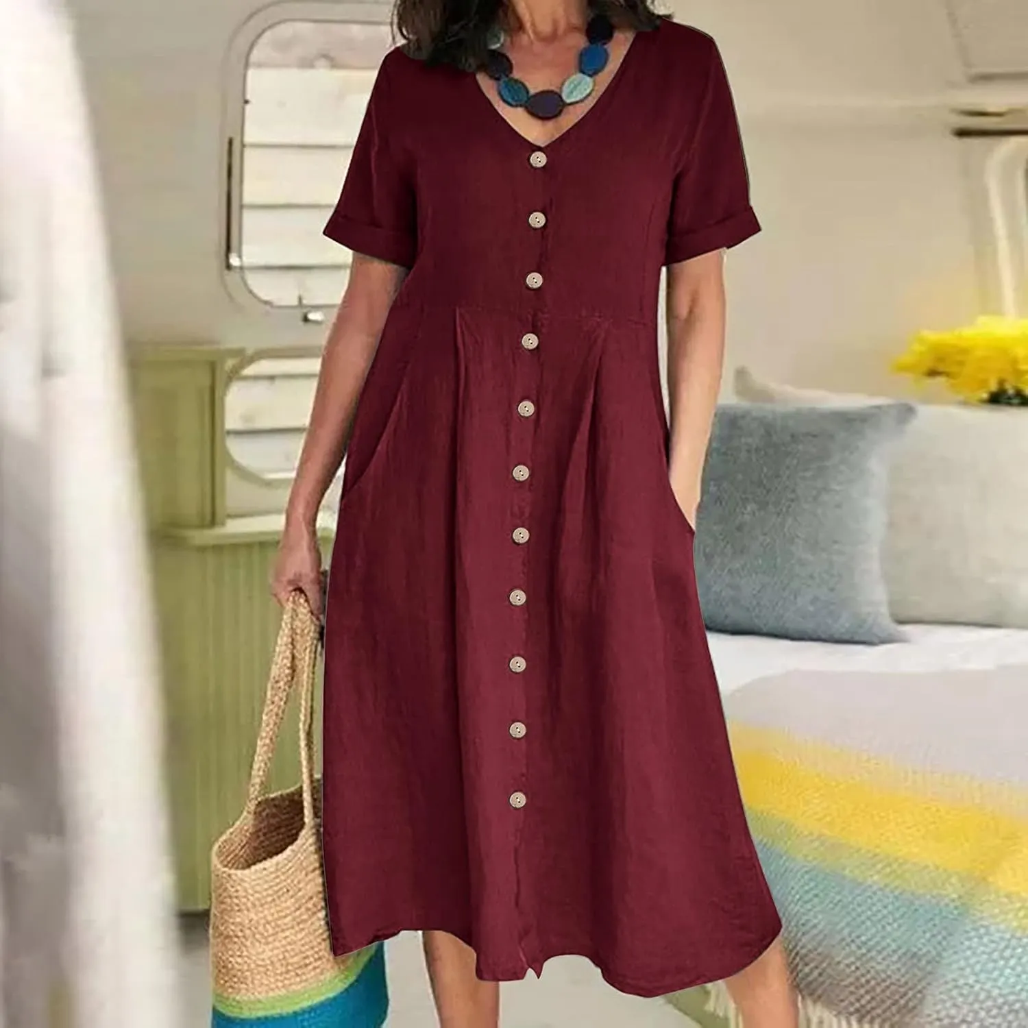 Summer Dresses for Women 2025 Plus Size Flowy Cotton Linen Button Down Sundress Short Sleeve Vacation Beach Dress